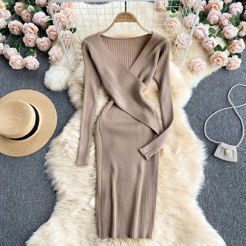 DEAT Women Cross V-neck Knitting Dress Long Sleeve Arrivals Lady Sexy Fashion Temperament Spring Autumn 11D2023 210709