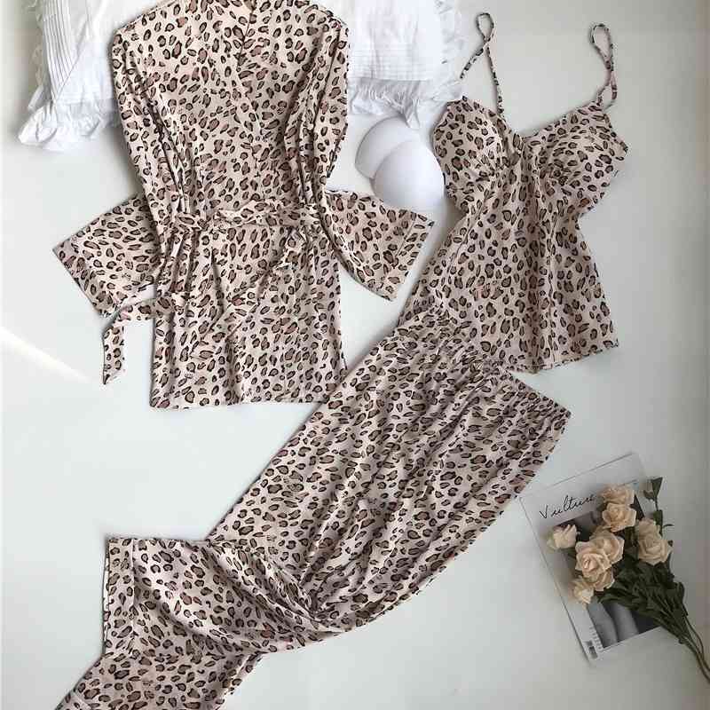 Floral Print Satin Short Shirt Camis Pajama Suits Elastic Waist Wide Leg Pants Women Loose Long Sleeve Blouse Tops 3 Pieces Set 210429