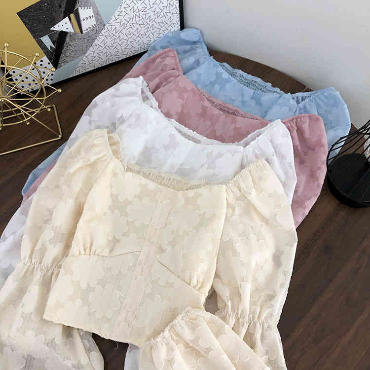 Cropped Shirt Lantern Sleeve Blouse Women Vintage Fashion Floral Blouses Korean Style Chic Tops Blusas All Match Top 210519