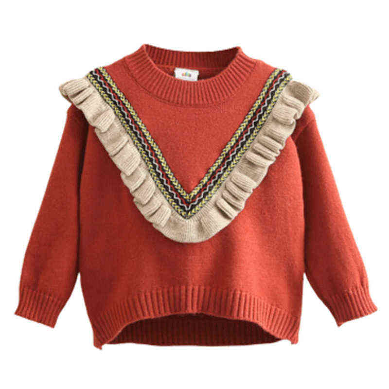 Autumn Spring 2 3-10 12 Years Children'S Clothing O-Neck Knitted Pullover Cotton Ruffles Patchwork Kids Baby Girls Sweater 211104