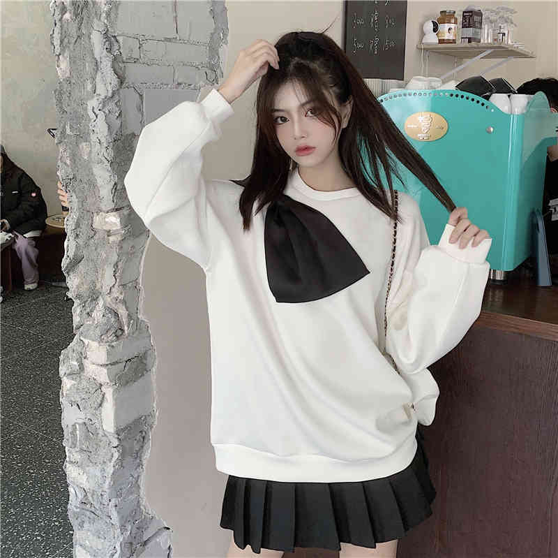 Nomikuma Korean Sweet Hit Color Bowknot Patchwork Sweatshirt Causal Long Sleeve Women Hoodies Autumn Winter Jumper 6C972 210427