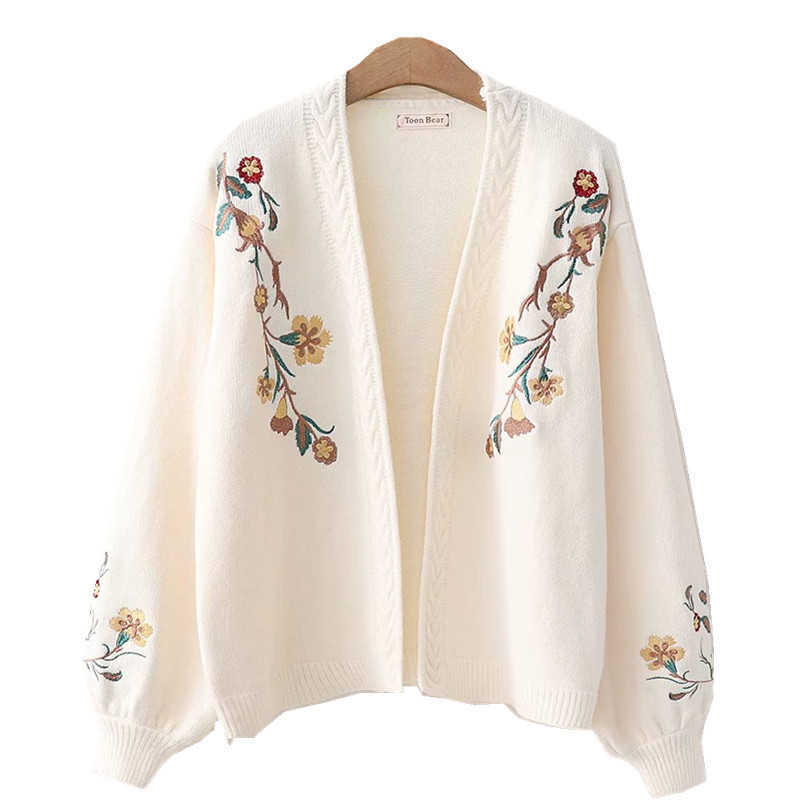 Gagaok Women Knitted Fashion Cardigan Spring Autumn V-Neck Lantern Sleeve Embroidery Floral Thick Loose Harajuku Female Sweater 211011Z