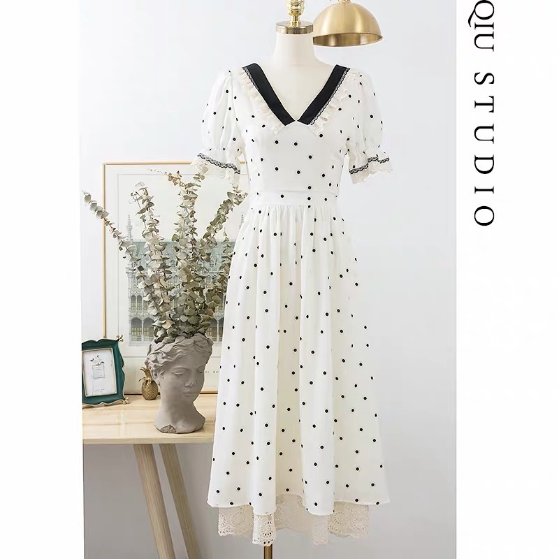 vintage retro polka dot v-neck puff sleeve white dress women summer party patchwork lace high waist ruched midi dresses 210421