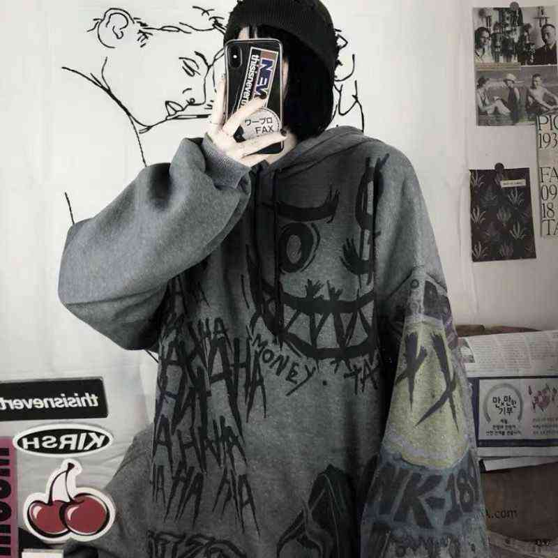 FERNAN Goth Sweatshirts Women Grunge Japan Style Anime Hip Hop Hoodie Oversized Punk Female Tops Long Sleeve Gothic Alt Clothes 211108