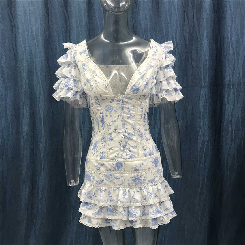 High Quality Ruffle Light Blue Women Mini Dress 210630