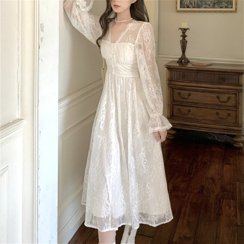 Fairy Elegant Dress Women Casual Evening Party Vintage Dress Female Retro Long Sleeve Dress Korean Autumn 210521