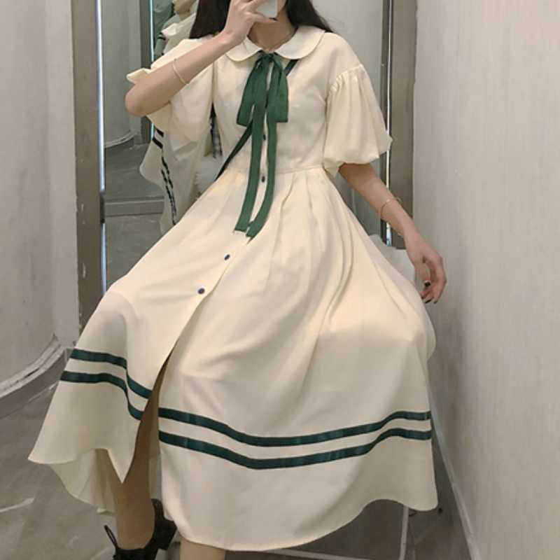 Women Stripe Dress Summer Bow Tie Peter Pan Collar Vestidos Femme Causal Puff Sleeve Single Breasted Dresses 6J580 210603