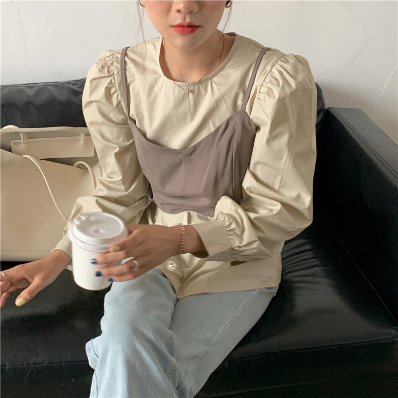 Nomikuma Autumn 2 Pieces Blouse Sets Puff Long Sleeve O-neck Pullover Blouse + Short Sling Vest Korean Women Outfits 6C924 210427