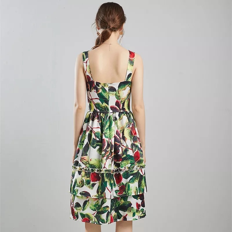 summer dress spaghetti green flower printed A-line ruched party beach boho dresses women casual vintage vestidos 210421