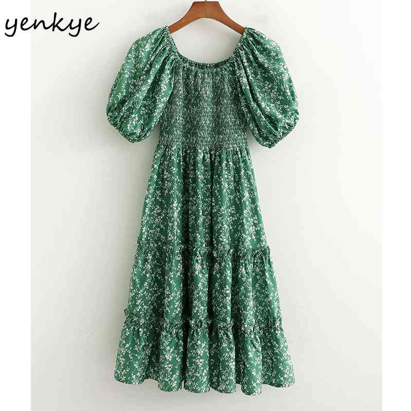 Prairie Chic Summer Dress Women Green Floral Print Female Lantern Sleeve O Neck Knee Length Big Swing Vestido 210430