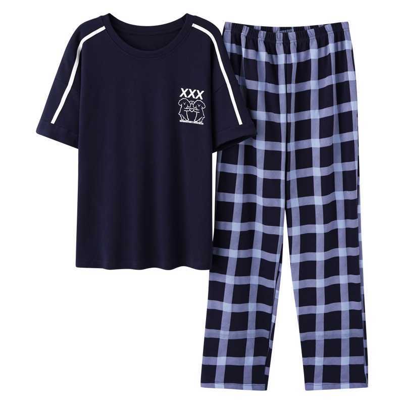 Plus Size Cotton Casual Plaid Short Sleeve Long Pants Pajama Set for Men korean Sleepwear Suit Pyjama Male Homewear Home Clothes 210812