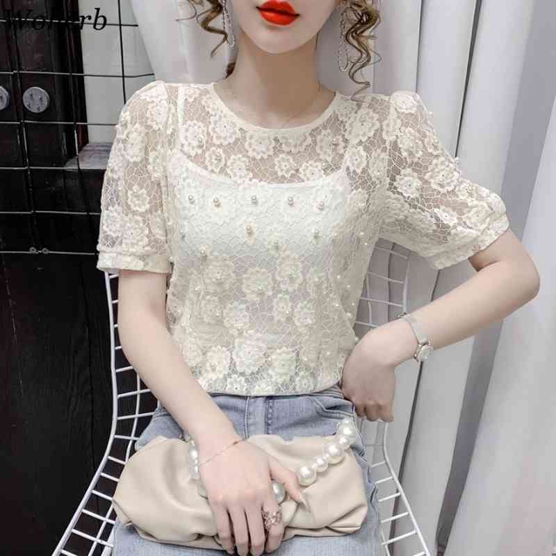Blusas Mujer Chic Heavy Lace Beading Blouses Women Summer Shirts Temperament Slim Blouse Korean White Tops 95313 210519