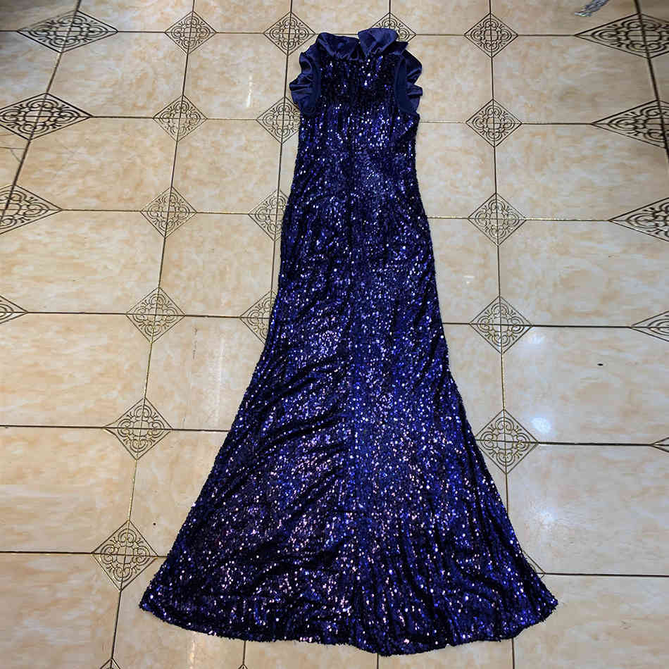Free Ladies Runway Long Dress Sexy Laminated V-neck Sleeveless Bodycon Sequin Celebrity Club Party 210524