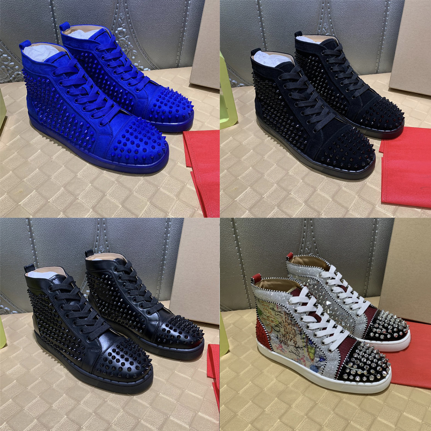 Red Bottom Shoes Spikes High Boots Platform Insider Casual Shoe Studded Men Women Leather Sneakers Black White Fashion Sneaker with box, Dark navy
Red Bottom Shoes Spikes High Boots Platform Insider Casual Shoe Studded Men Women Leather Sneakers Black White Fashion Sneaker with box, Dark navy