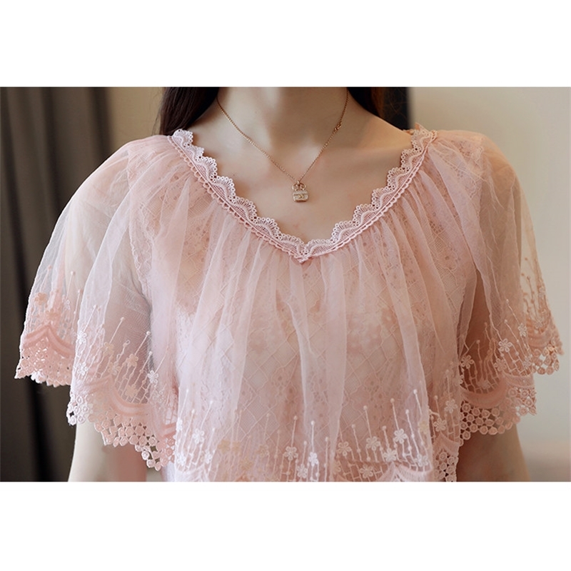 Women Tops and Blouses Summer Lace Blouse Shirt Fashion Short Sleeve Top Blusa Feminina 0788 30 210506