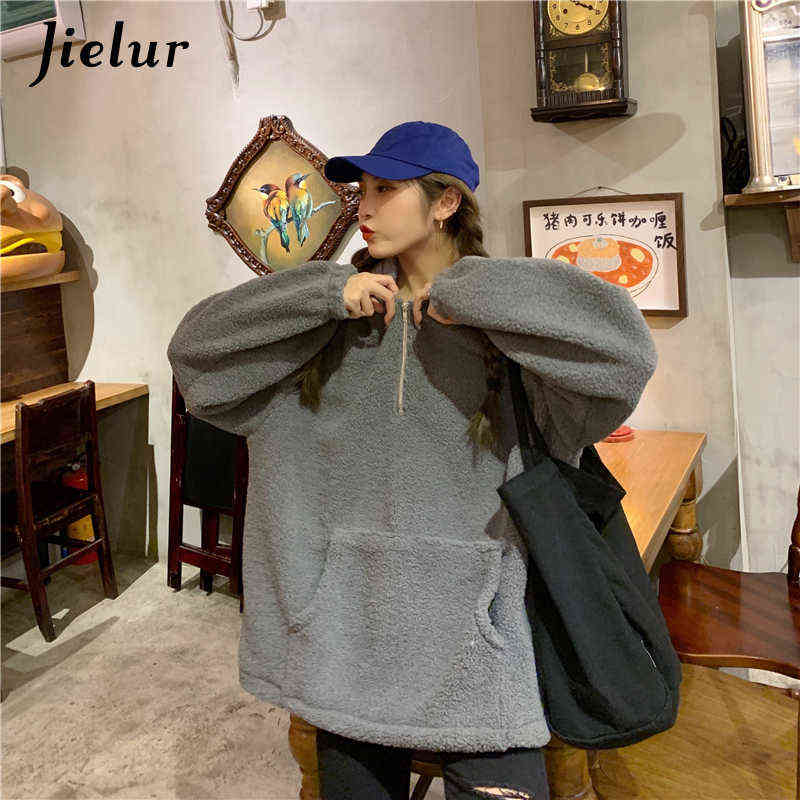 Jielur Lamb Cashmere Winter Women Hoodies Sweatshirt Fashion Warm Pockets Zipper Hooded Apricot Gray Pink Pullover M-XL 211109