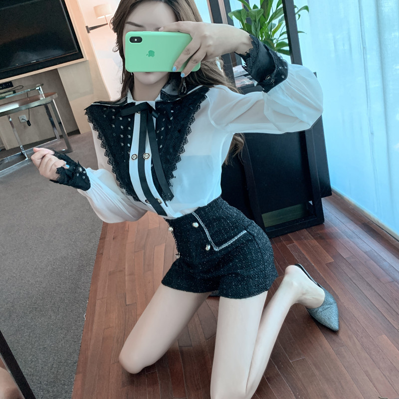 High Quality Spring Women Office Wear Two Piece suit Bow tie chiffon Perspective Long Sleeve Blouse+Tweed short pants set 210518