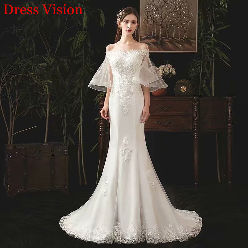 Vestido De Noiva Lace Mermaid Flared Sleeves Wedding Dress Robe De Soiree Bride To Be Robe De Marie Lace-Up, White
Vestido De Noiva Lace Mermaid Flared Sleeves Wedding Dress Robe De Soiree Bride To Be Robe De Marie Lace-Up, White