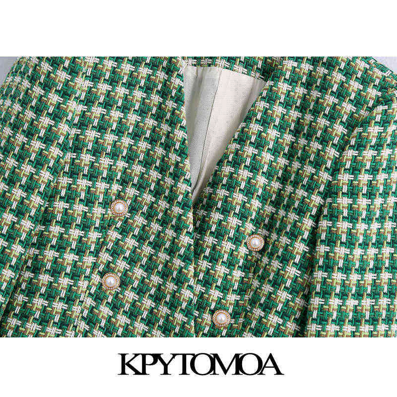 KPYTOMOA Women Fashion Double Breasted Tweed Blazer Coat Vintage Long Sleeve Welt Pockets Female Outerwear Chic Veste Femme 211122