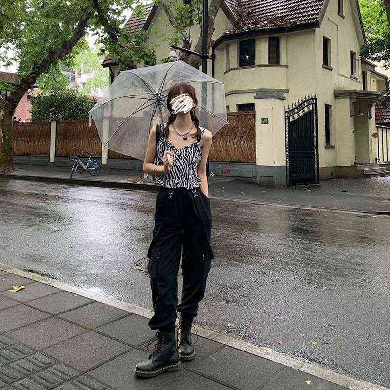 QWEEK Gothic Cargo Pant Harajuku Black High Waisted Hippie Streetwear Kpop Oversize Mall Goth Trousers For Female 211124Z