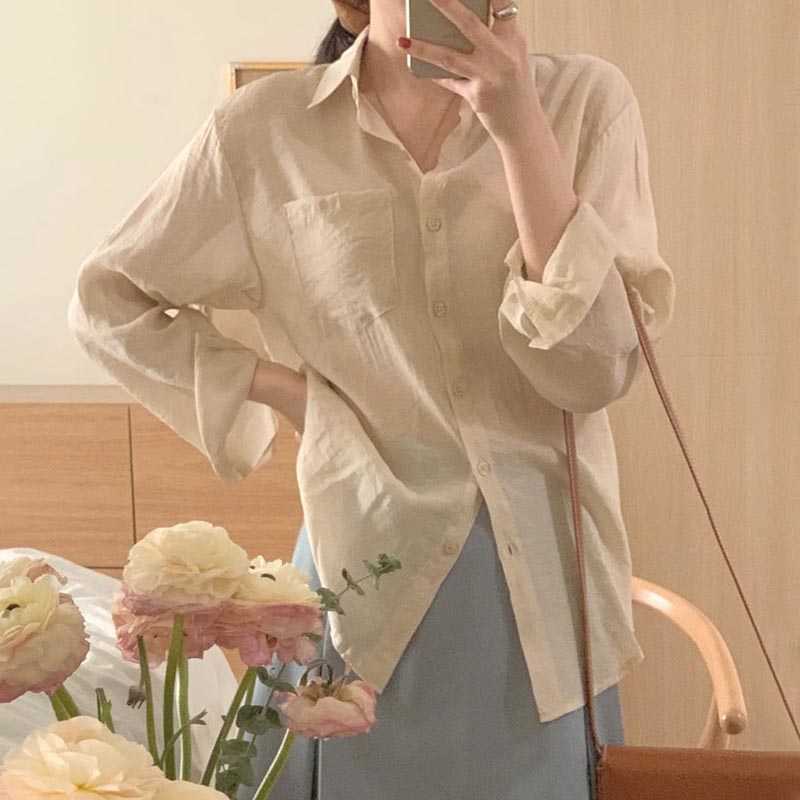 Korejpaa Women Shirt Korean Style Fashion Simple Single-row Buckle Loose Casual Outer Wear Long-sleeved Blouse Top Girl Blusas 210526