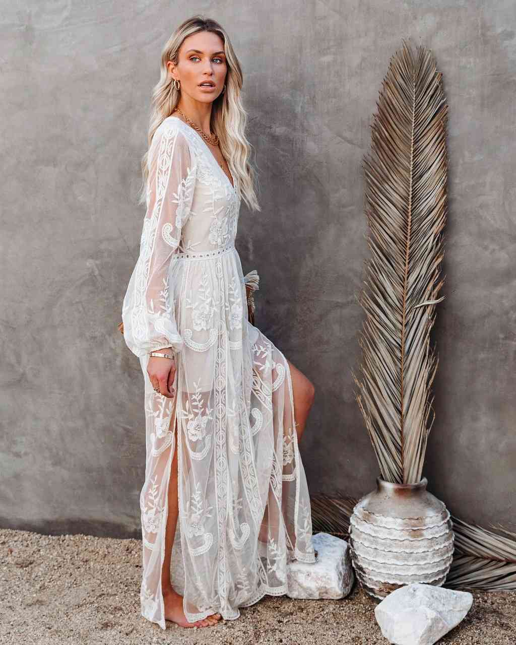 Women Dress Flower Perspective Bohemia Sexy Long Floral Maxi es V Neck Lantern Sleeve Split Plus Size es 210524