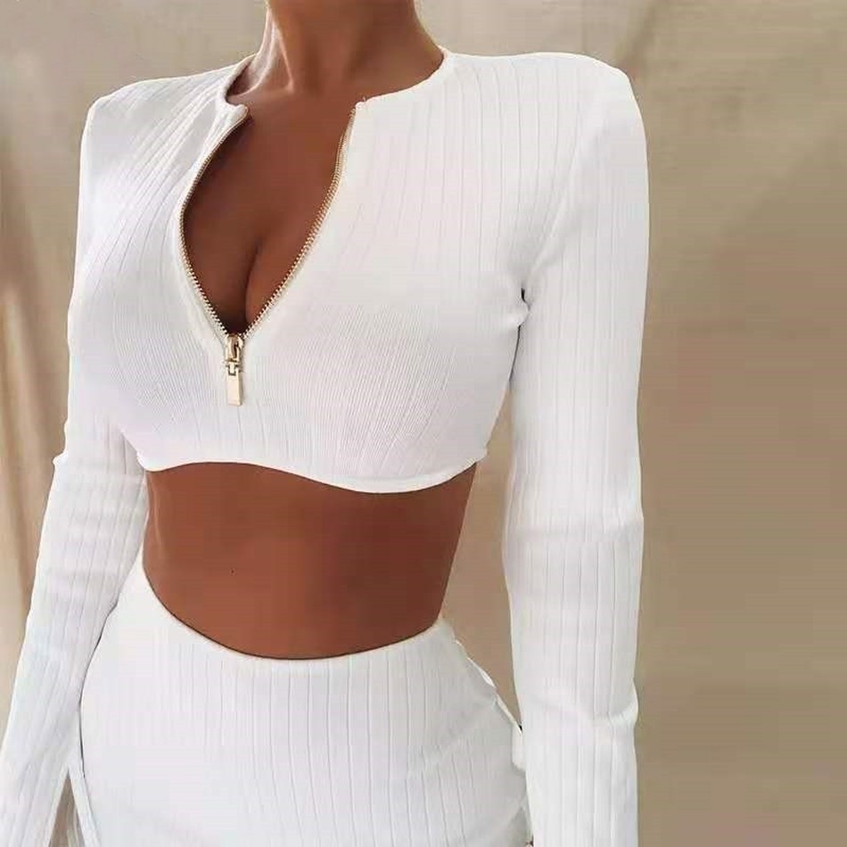 Fashion White V-Neck Zipper Short Top + Mini Skirt Female Two-Piece Sexy Tight Ladies Party Club Outfit Set 210525