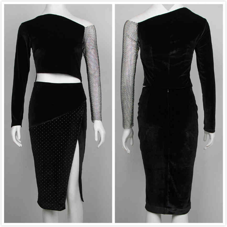 Free Women's Velvet Skirt Set Sexy Long Sleeve Mesh Diamond Top & Split Fashion Party Two Piece 210524