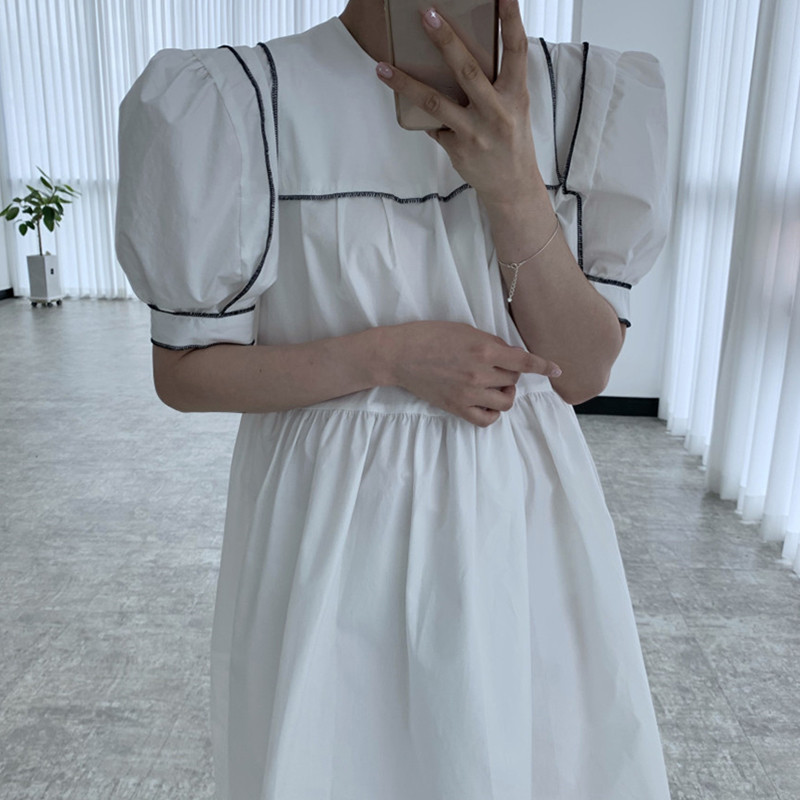 Nomikuma Korea Chic O-neck Woman Dress Hit Color Patchwork Puff Short Sleeve Dresses Causal High Waist A-line Vestidos 6F994 210427