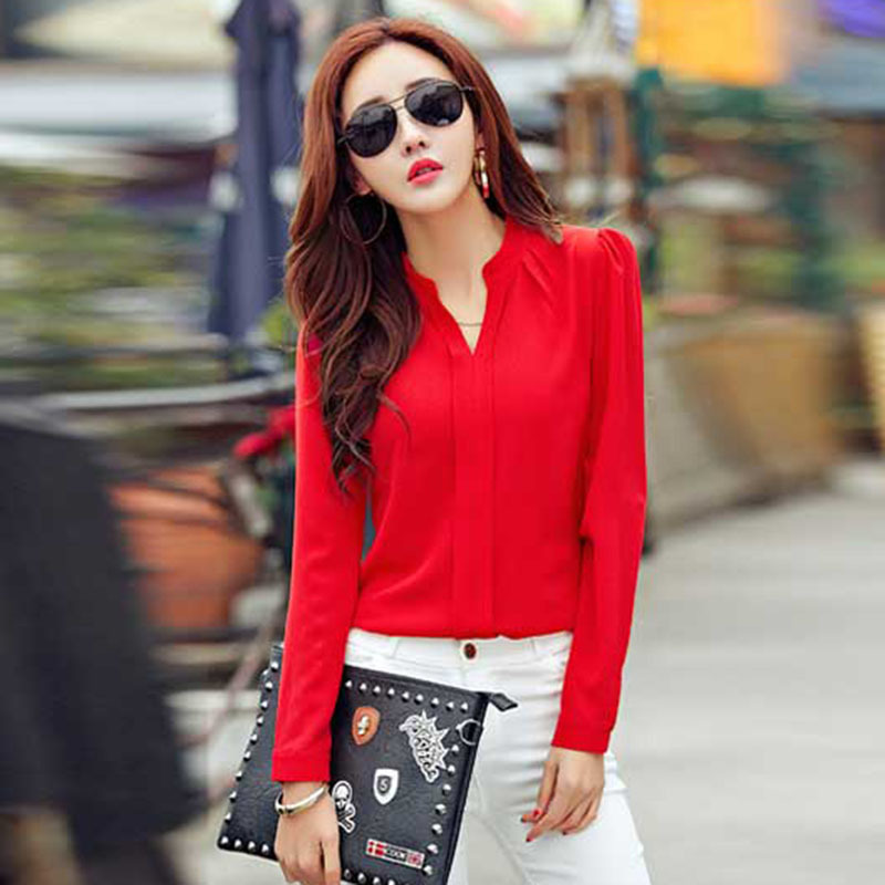Long Sleeve Shirt Women Autumn Clothing Fashion Slim Chiffon Blouse V Neck Korean Elegant Ladies Office Shirts White Red DF2324 210323