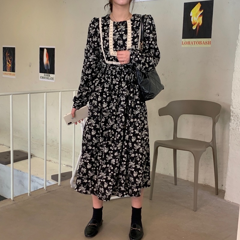 Comelsexy Women French Retro Dress O-Neck Printing Lace Loose Gentle Full Sleeves Elegant Long Chic Female Fashion Clothe 210515