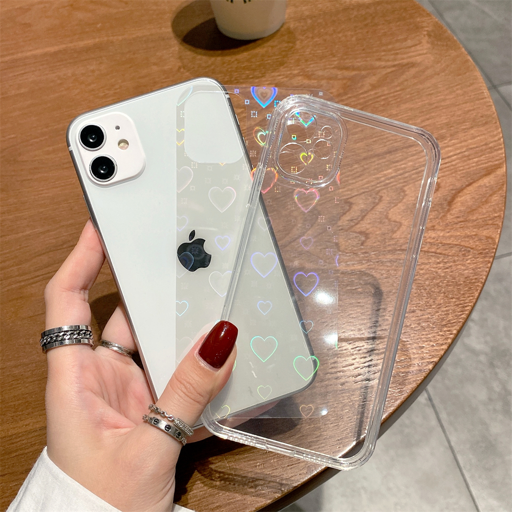 Cell Phone Cases Fashion Gradient Laser Love Heart Leaf Pattern Case For iPhone 13 11 12 Pro Max X XS XR 7 8 Plus SE 2020 Clear Cover With Hearts