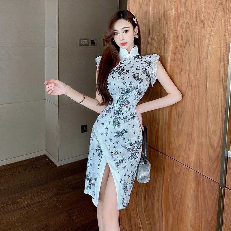 Real S 2021 Fashion Women's Sexy Printed Cheongsam Belly Slimming Retro Split Dress Casual Dresses