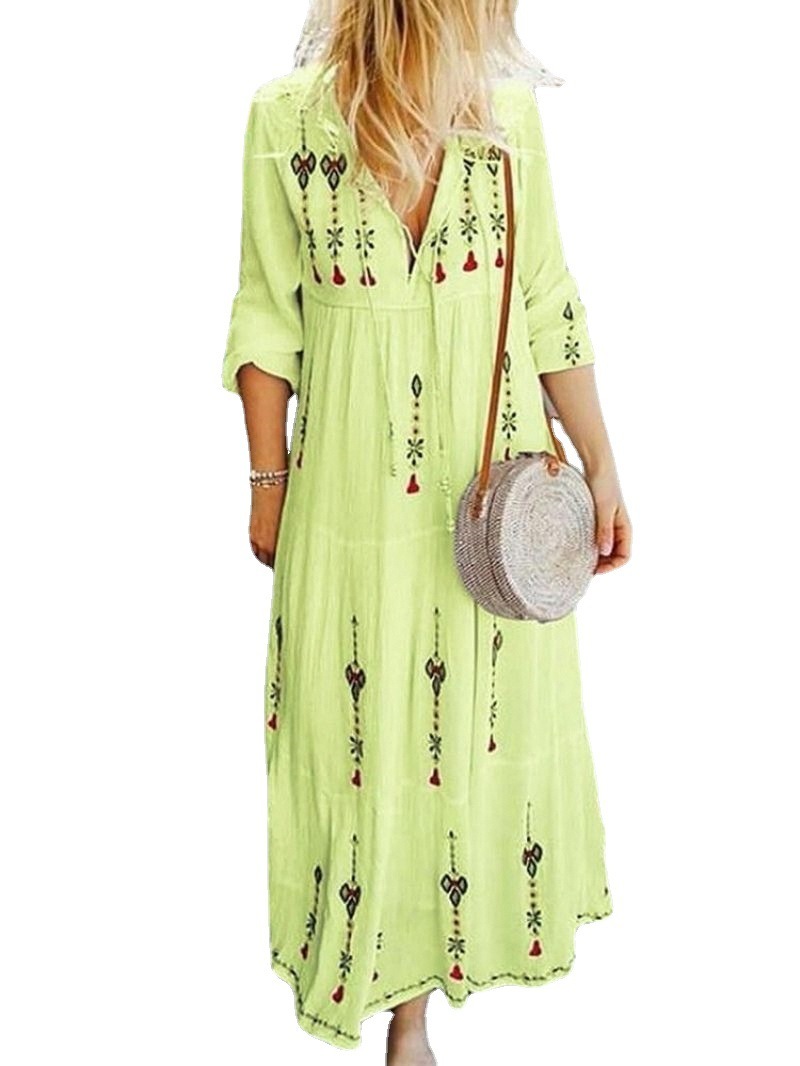 Women Dress V-neck Long Sleeve Print Plus Size Dresses Casual Loose Flower Bohemian For 210513