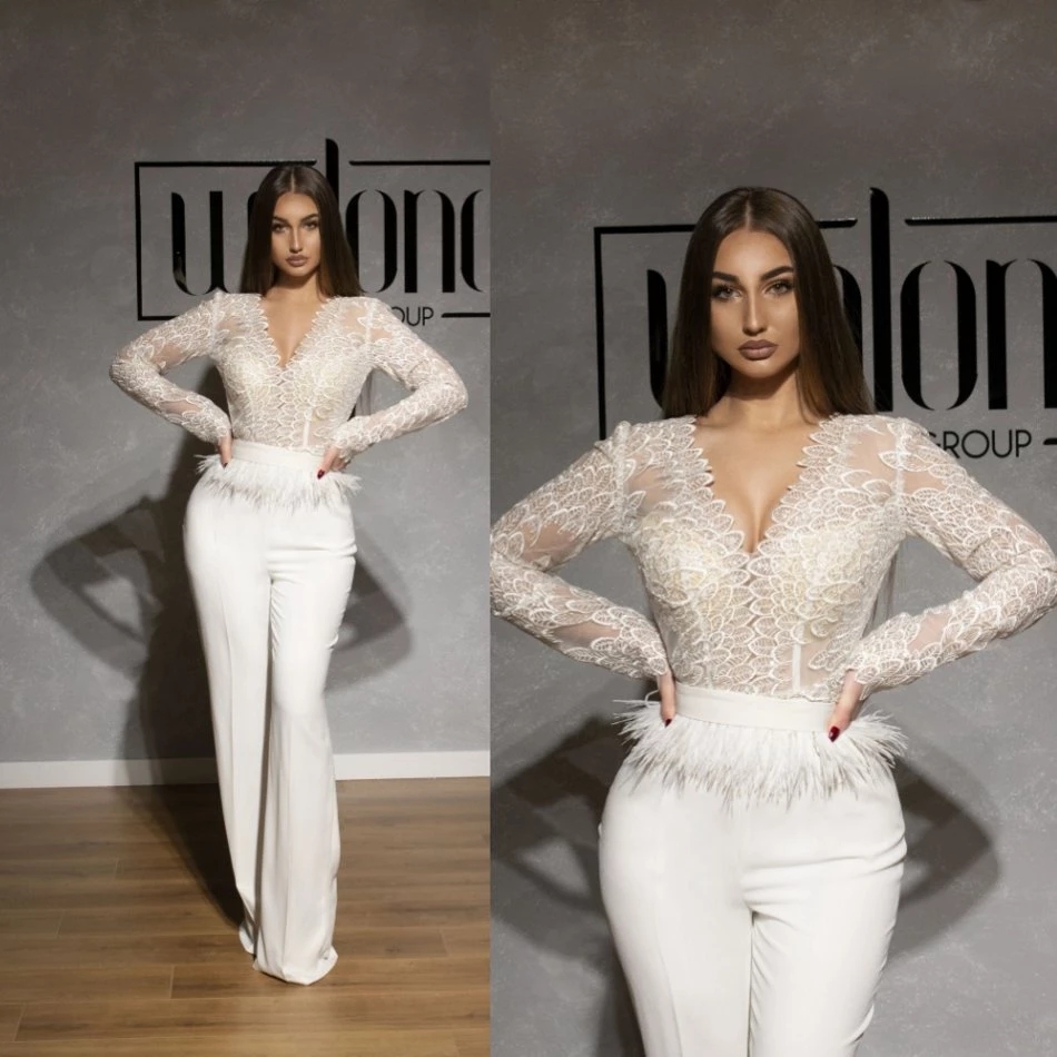 Sexy V-neck Evening Dress Jumpsuit 2021 Lace Stain Peplum Feather Long Sleeve Arabic Occasion Prom Gown with Pant Suit Robes
