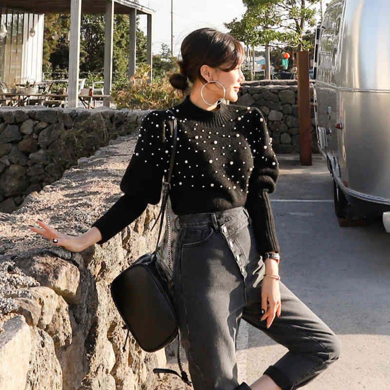 Fashion Full Sleeve Pearls Sweaters Modern Lady Tops Pullovers Stylish Women Black Autumn O-Neck Beading Knitted 210506