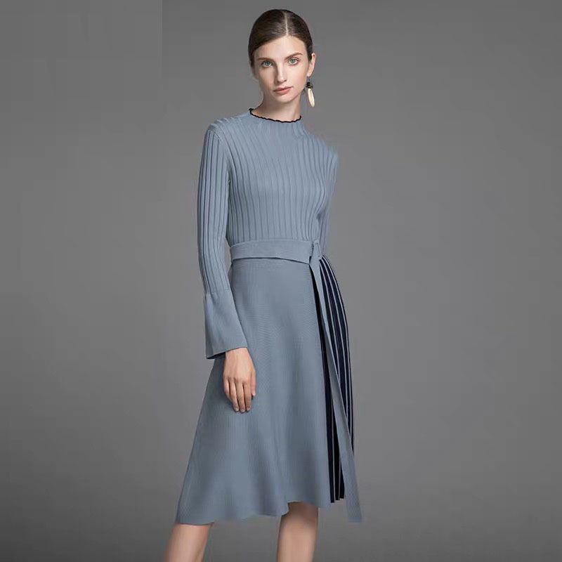 elegant lady midi dress patchwork striped blue flare long sleeve office robe dresses autumn winter plus size 210421