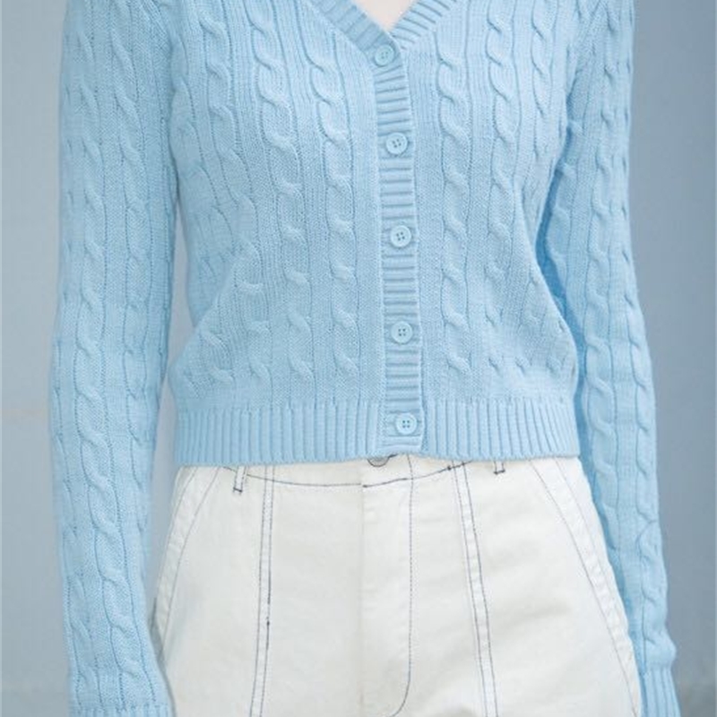 Women V Neck Comfy Cable Knit Cardigan Button Up Closure Sweater 210512