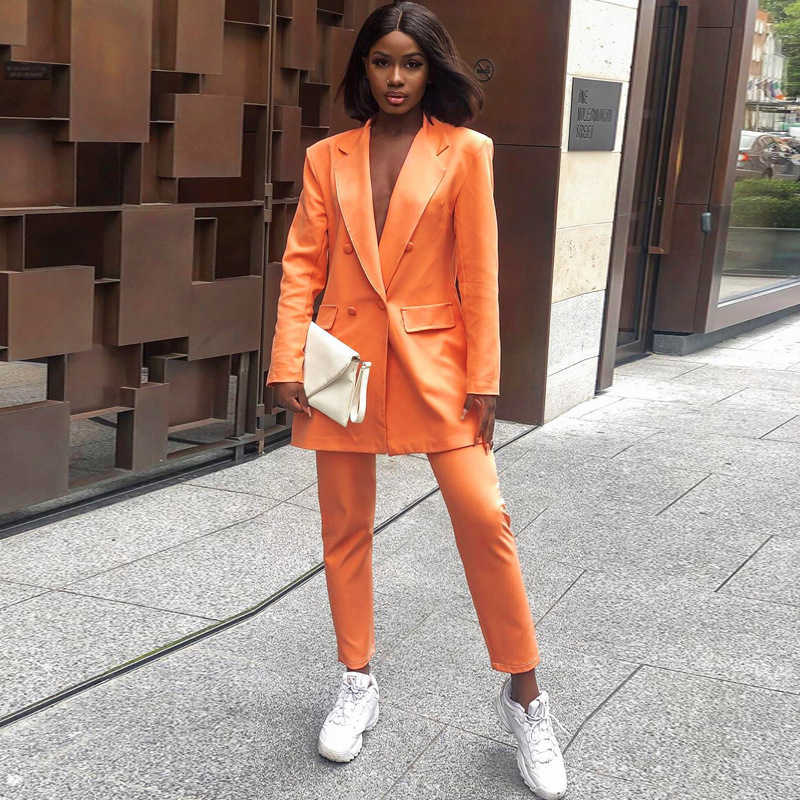 Neon Pocket Double Breasted Blazer Long Sleeve Slim Elegant Coat Jacket Women Spring Lengthen Windbreak Pure Orange Outfit 210930