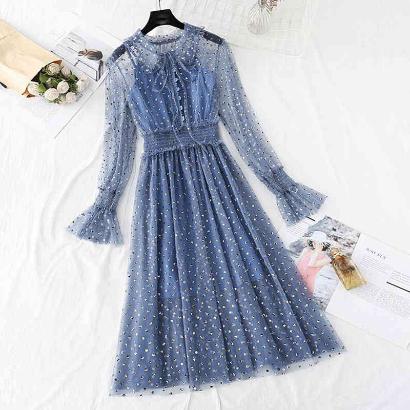 Polka Dot Print Women Dress 2-piece Set Spring Summer Vintage Sweet Mesh Dresses Long Sleeve Party Dress Robe Femme Vestido 210521