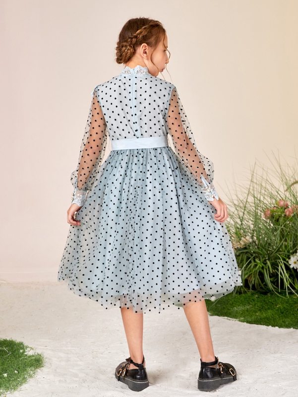 Girls Dobby Mesh Lace Ruffle Trim Belted Dress SHE