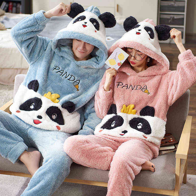 Couples Pajamas Sets Women Men Winter Thicken Pyjamas Sleepwear Cartoon Dinosaur Korean Lovers Homewear SoftWarm Pijama Hoodies 211118