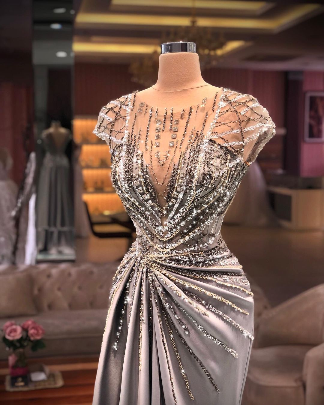 Plus Size Arabic Aso Ebi Silver Mermaid Luxurious Prom Dresses Sheer Neck Beaded Crystals Evening Formal Party Second Reception Gowns Dress ZJ392