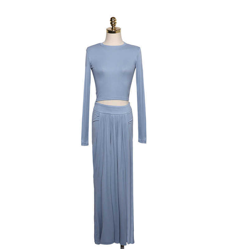 WOMENGAGA Goddes Temperament Suit Autumn Fold Elastic Long Sleeve T-Shirt + Pleated Sexy Hip Skirt Two Piece OM32 210603