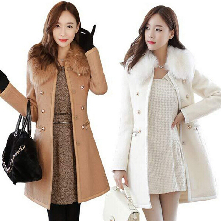 Woman Coat Outerwear Winter 2015 Korean Womens Thick Woolen Coat Fur Collar Double Breasted Slim Long Wool Trench Winter Coats for Women от DHgate WW