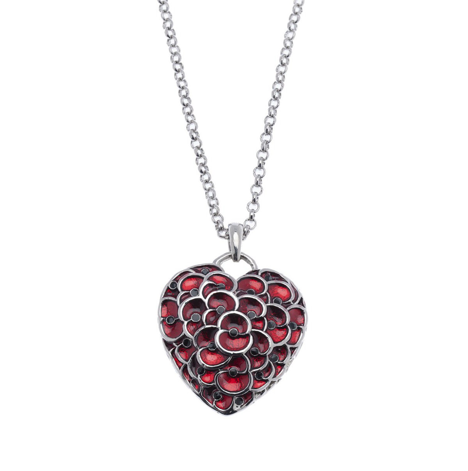 NEW Ruby Red Enamel Heart Poppy Pendant Necklace Jewelry British Stylish Remembrance Souvenir White Gold