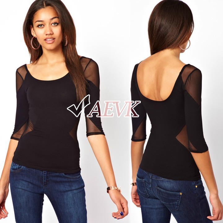 Hot sale 2014 Black Mesh Gauze T Shirt Long Sleeve Sexy Ladies Tops Black T Shirt Clubwear Plus Size Tops M-XL Black B22