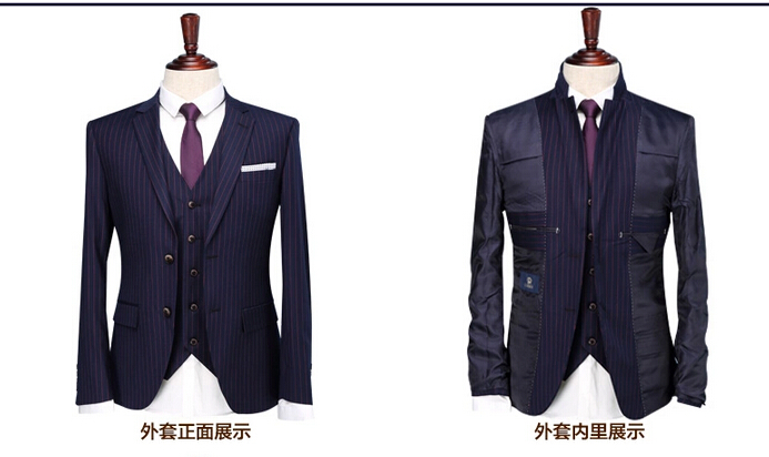 Handsome charming three-piece Men's slim suits turn-down collar stripe young man bridegroom business suit