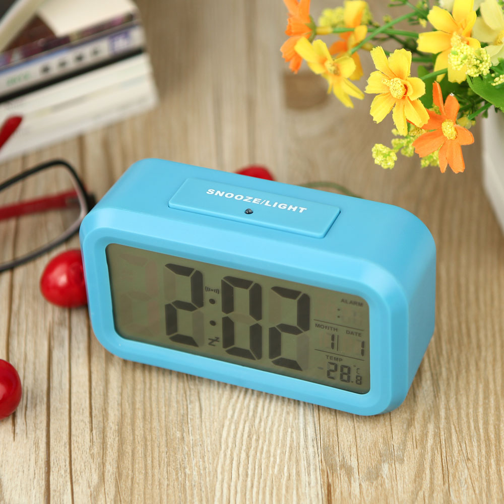 LED Digital Alarm Clock Repeating Snooze Light-activated Sensor Backlight Time Date Temperature Display Blue Black Red Green, dandys