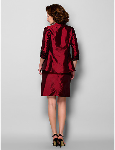 New Arrival Free Shipping Elegant Sheath/Column Mother of the Bride Dress With Jacket Burgundy Knee-length 3/4 Length Sleeve Taffeta